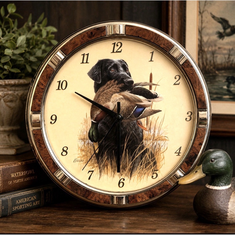 Vintage Jim Killen Black Lab Mallard Duck Hunting Wall Clock 12" Lodge Man Cave
